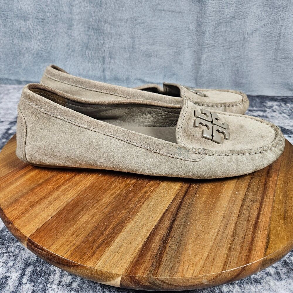 Tory Burch Lowell 2 Driver Loafers Beige Leather Logo Shoes Size 9.5 M Slip On